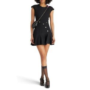 Sandro Paris Black Tweed Dress Gold Buttons Cap Sleeve Size 34/ US 2 NWT